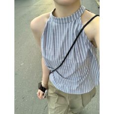 批发条纹挂脖无袖背心女夏季新款设计感小众外穿显瘦短款露肩<b class='q'>吊带</b>上衣