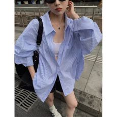 批发2026新款蓝白撞色条纹衬衫女装春秋季日系宽松长袖叠穿衬衣外套