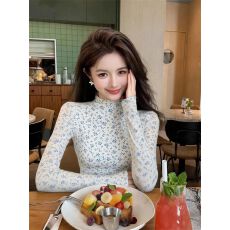 批发原版面料韩系纯欲半高领碎花长袖t恤女春小众叠穿内搭<b class='q'>打底衫</b>上衣