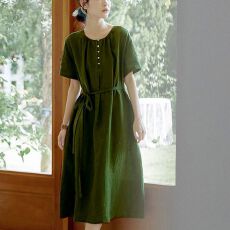 批发夏季新款百搭<b class='q'>中</b>长款森系清新绿色棉麻<b class='q'>连衣裙</b>口袋设计系带短袖裙子