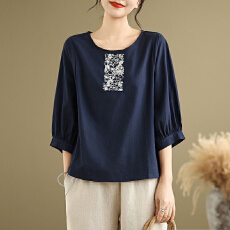 批发韩版文艺刺绣设计圆领短袖棉麻<b class='q'>上衣</b>夏季新款<b class='q'>中袖</b>大码女