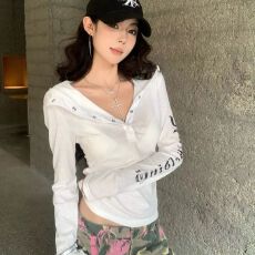 批发雪花棉 美式风辣妹连帽小众印花长袖T恤女秋季新款百搭罩衫上衣