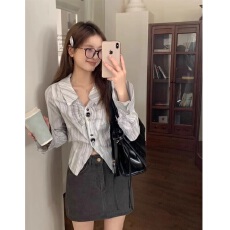 批发韩系chic不规则褶皱<b class='q'>长袖</b>衬衫女秋季翻领别致条纹衬衣蓝色显瘦上衣