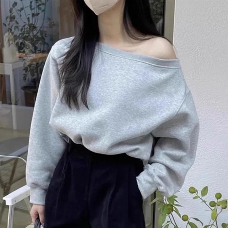 한국 chic 가을 겨울 작은 대중 품격 보트넥 오프숄더 루즈핏 캐주얼 다용도 쇼트 스타일 긴팔 단색 후드티 여성
