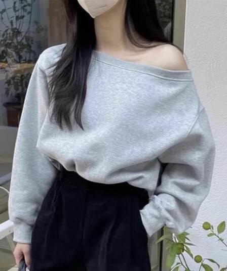 한국 chic 가을 겨울 작은 대중 품격 보트넥 오프숄더 루즈핏 캐주얼 다용도 쇼트 스타일 긴팔 단색 후드티 여성