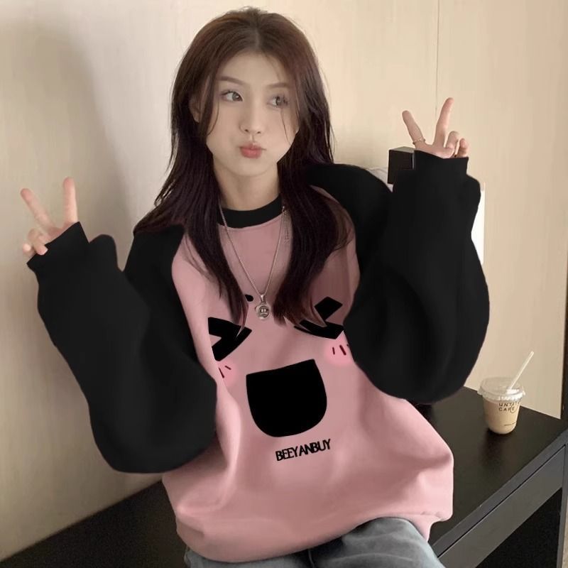 원본 솜씨 한국 스타일 핑크색 달콤함 삽입 어깨 소매 후드티 여성 봄 귀여운 연령 감소 페이크 레이어드 패치워크 색상 맨위