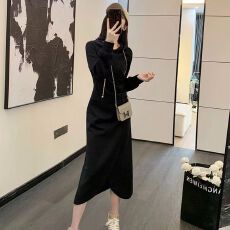 批发连帽<b class='q'>卫衣</b>裙女春秋2023新款小香风中长款显瘦气质开叉休闲<b class='q'>连衣裙</b>