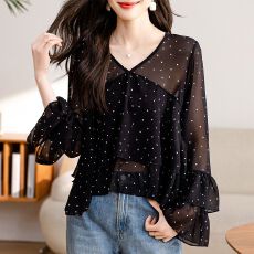 批发2026V领长袖<b class='q'>波点</b><b class='q'>雪纺</b>衫女春夏时髦洋气百搭高级感遮肚子显瘦<b class='q'>衬衫</b>