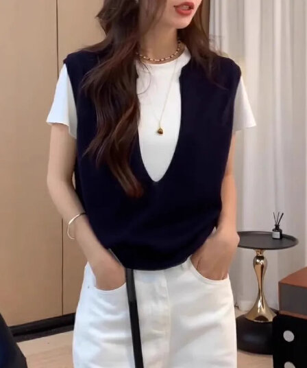 고급 센스 페이크 레이어드 반팔 티셔츠 여성 의류 빅 사이즈 여름 새로운 지방 mm 표지 고기 얇은 스타일 루즈핏