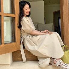 批发<b class='q'>韩国</b>chic极简风小众圆领侧腰带宽松过膝衬衫连衣裙<b class='q'>长裙女</b>
