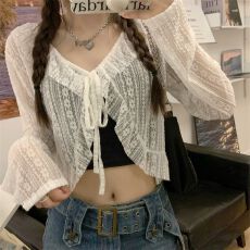 韩版v领镂空提花短款防晒衫女夏季新款甜美减龄外搭针织上衣