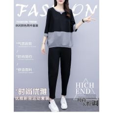 批发((M--4XL)) 初秋韩版<b class='q'>时尚</b>宽松<b class='q'>大码</b>两件套休闲小脚裤气质显瘦套装