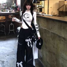 批发2026年新款蝴蝶结慵懒风蕾丝休闲长裤女<b class='q'>秋</b>季松紧腰潮牌直筒阔腿裤