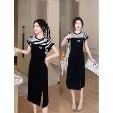 批发假两件<b class='q'>连衣裙</b>女2025夏季新款洋气减龄条纹拼接显瘦气质<b class='q'>开叉</b>休闲裙