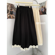 批发黑色设计感花朵休闲阔腿裤女甜美森系小个子宽松慵懒<b class='q'>裙</b>裤