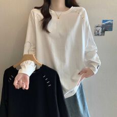 批发实拍纯棉220g后包领春秋新款休闲百搭<b class='q'>中长款</b>T恤上衣