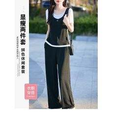 批发休闲套装女2026年夏季新款宽松舒适拼接假两件<b class='q'>T</b><b class='q'>恤</b>休闲长裤两件套
