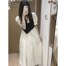 批发原版优质面料版 质量好法式白色假两件连衣裙女长款泡泡袖初恋裙