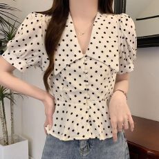 批发2026大码夏季新款娃娃领<b class='q'>波点</b>泡泡袖上衣微胖MM显瘦百搭短袖<b class='q'>衬衫</b>女