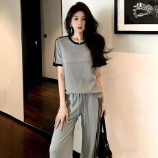 批发索罗娜 <b class='q'>运动</b>风撞色短袖<b class='q'>T</b><b class='q'>恤</b>阔腿裤女夏季新款时尚减龄显瘦两件套