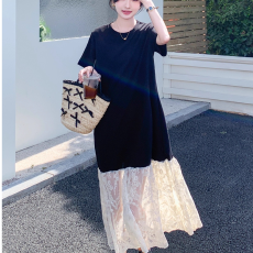 批发独特<b class='q'>蕾丝</b>拼接短袖<b class='q'>连衣裙</b>2026年春季新女宽松显瘦假两件长裙t恤裙