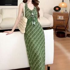 批发原版韩国网绿色格子露背<b class='q'>无袖</b>挂脖<b class='q'>连衣裙</b>女夏季海边度假裙子