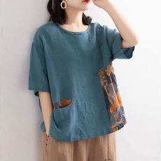 批发胖MM拼接撞色棉麻打底小衫女妈妈装<b class='q'>夏季</b>新款宽松显瘦短袖T恤上衣