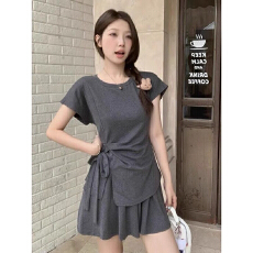 批发大码微胖mm夏简约休闲设计感绑带短袖时尚<b class='q'>气质</b>宽松短裤炸