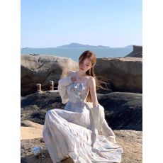 批发蓝色碎花吊带<b class='q'>连衣裙</b>开春海边度假风法式<b class='q'>荷叶边</b>仙女长裙子