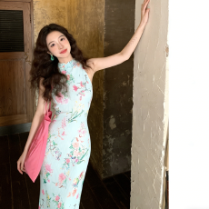 批发2026新款法式夏季波浪褶皱<b class='q'>立领</b>花边印花挂脖长款连衣裙女温柔风潮