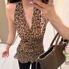 批发官图实价 美式甜酷辣妹豹纹挂脖V领吊带<b class='q'>背心女</b>夏外穿无袖t恤上衣