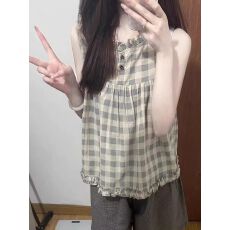 批发温柔风<b class='q'>格子</b>无袖背心上衣女夏季法式甜美百搭别致木耳边叠穿娃娃衫