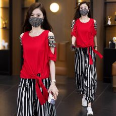 批发四面弹+直贡呢大码<b class='q'>休闲</b><b class='q'>运动</b>套装女夏时尚露肩不规则上衣两件套