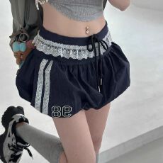 批发美式甜酷辣妹黑色花苞<b class='q'>短裤</b><b class='q'>女</b>夏季小个子蕾丝花边拼接条纹<b class='q'>运动</b>裤裙