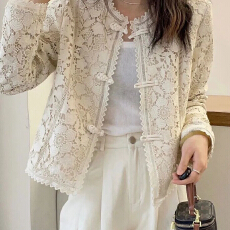 批发新中式蕾丝钩花短外套女长袖春装2026新款外搭中国风女装上衣潮