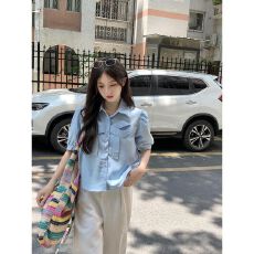 批发甜美蝴蝶结短款上衣女2026夏季新款法式别致温柔Polo领泡泡袖上衣