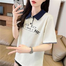 批发【实拍】polo领短袖t恤女2026年新款印花拼接插色<b class='q'>贝壳</b>上衣