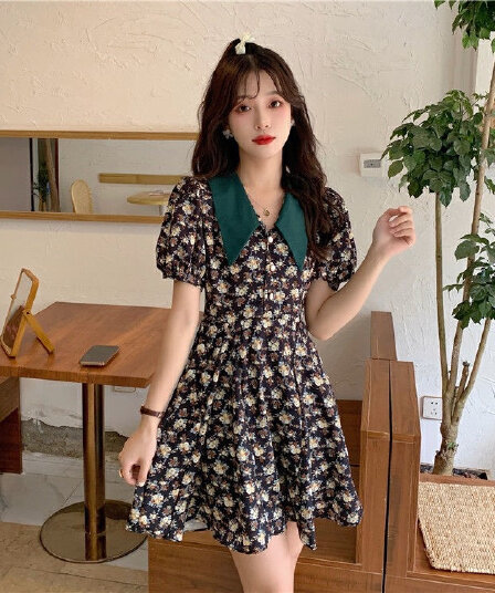 거품 소매 여성 드레스 여름 폴로 칼라 레트로 프랑스식 작은 키 꽃무늬 치마 허리 수축 슬림해 보이는 치마