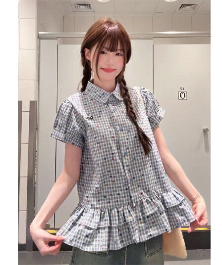한 부서 레트로 파란색 체크무늬 반팔 여성 셔츠 여름 루즈핏 학원 스타일 허리 수축 폴로 칼라