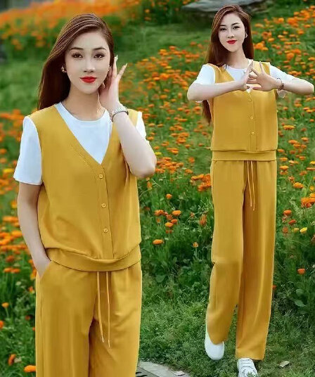 패션 캐주얼 운동복 세트 여성 2026 여름 새로운 페이크 레이어드 반팔 맨위 와이드 레그 팬츠 투피스 세트