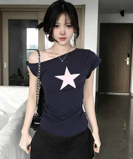 40 면 1 1 오스트리아 세대 서울 220 그램 아메리칸 핫걸 비스듬한 어깨 별 프린트 반팔 티셔츠 여성