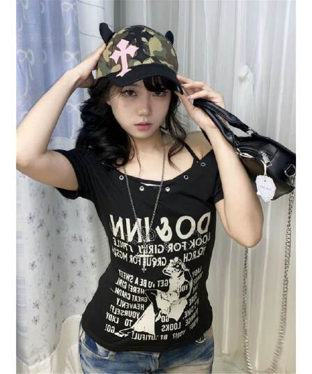 40 순면 리브 210 그램 1 1 핫걸 바람 레트로 알파벳 프린트 검정색 반팔 티셔츠