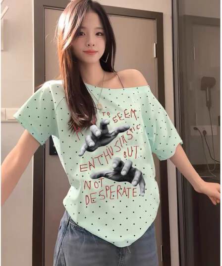 220 그램 40 순면 오스트리아 세대 서울 도트 무늬 비스듬한 어깨 반팔 티셔츠 여성