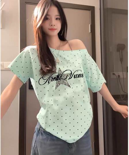 220 그램 40 순면 오스트리아 세대 서울 도트 무늬 비스듬한 어깨 반팔 티셔츠 여성