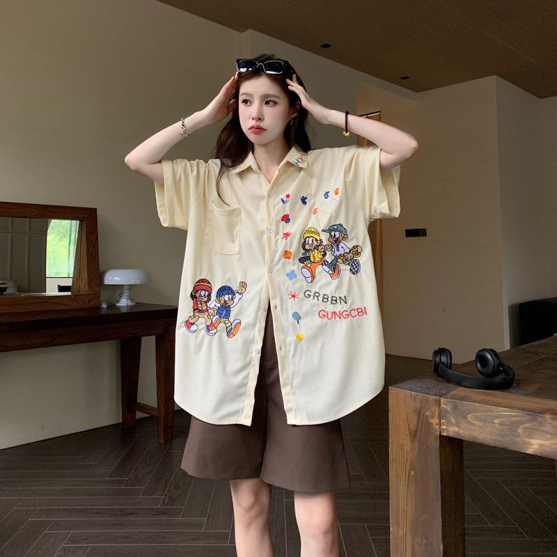 아메리칸 레트로 무거운 작업 자수 코듀로이 반팔 셔츠 여름 커플 루즈핏 느긋한 바람 캐주얼 셔츠 오픈 가디건