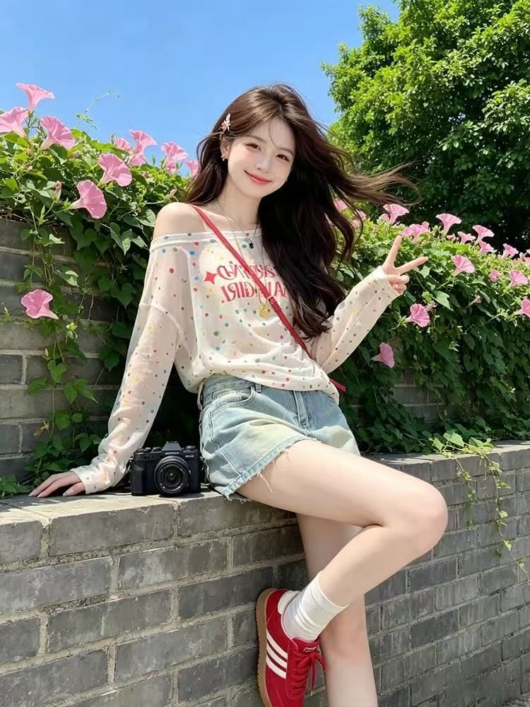 자외선 차단 의류 색상 도트 무늬 긴팔 블라우스 티셔츠 블라우스 맨위 긴팔