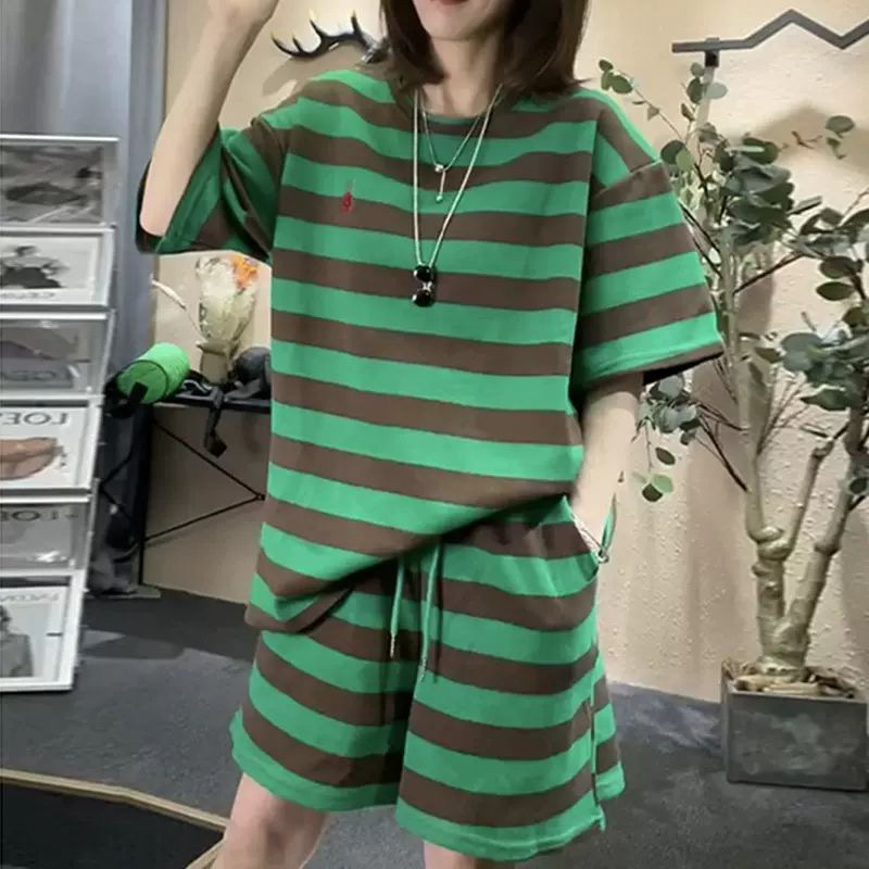 모방 면 물고기 규모 200그램 스트라이프 캐주얼 스포츠 슈트 여성 여름 루즈핏 빅 사이즈 반팔 짧은