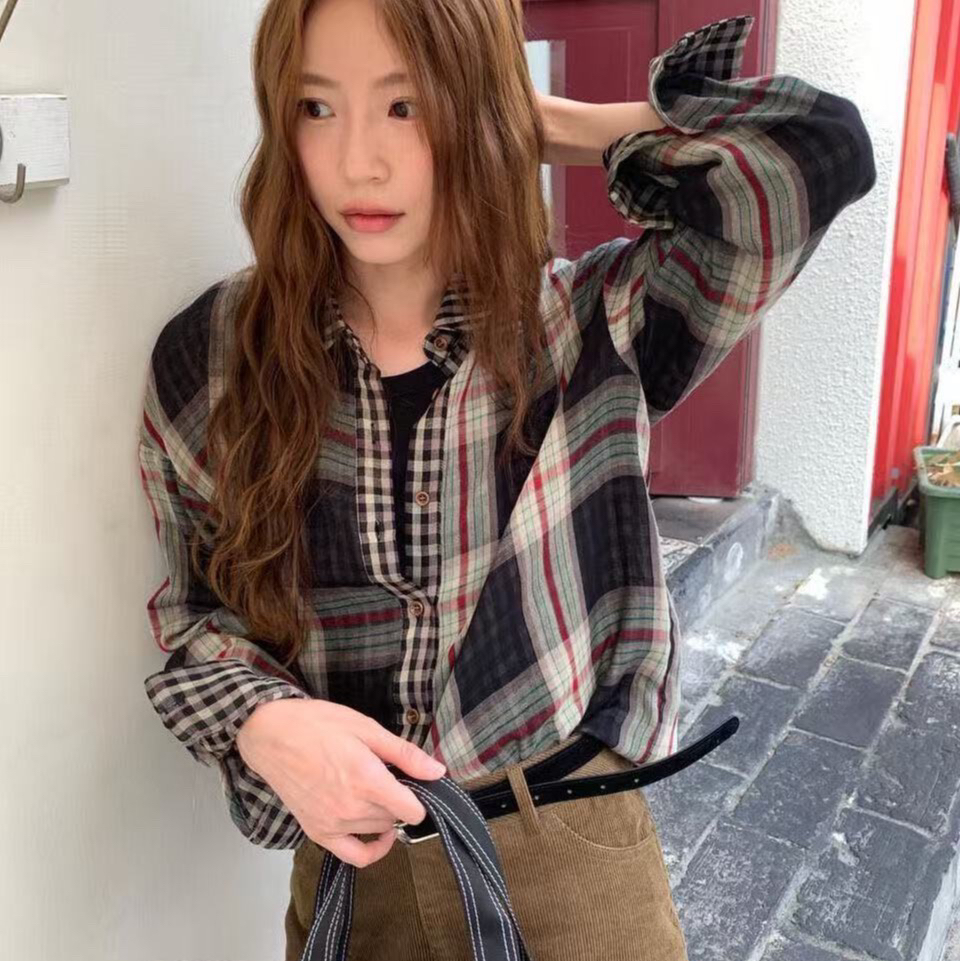 레트로 자외선 차단 셔츠 여성 코트 봄 가을 체크무늬 셔츠 2026 가을 한 부서 느긋한 바람 캐주얼 루즈핏 맨위