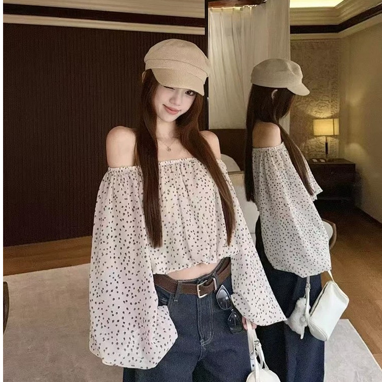 프랑스식 품격 레트로 도트 무늬 오프숄더 긴팔 셔츠 여성 여름 고유 한 Chic 패션 오프숄더