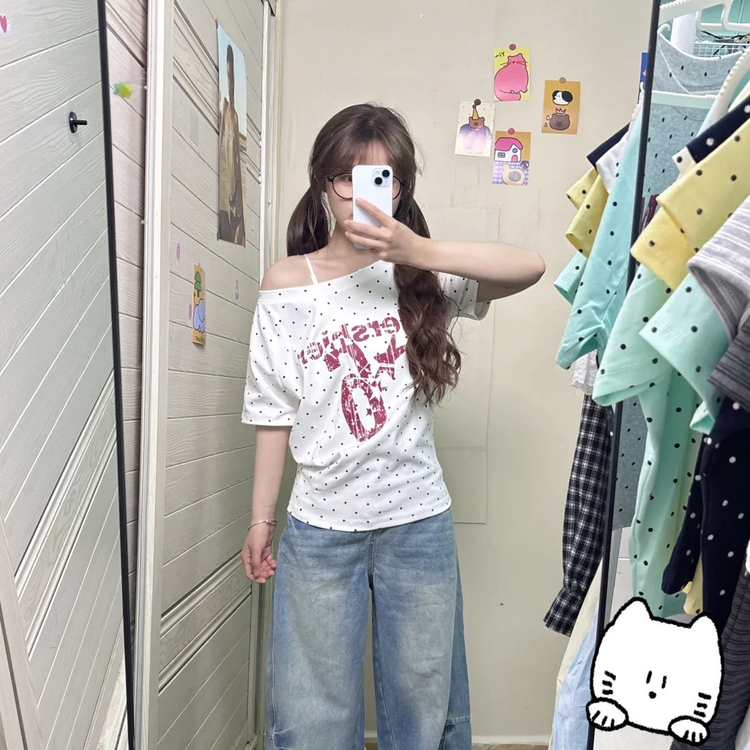 220 그램 40 1 1 순면 여름 새로운 한 부서 도트 무늬 비스듬한 칼라 오프숄더 프린트 섹션 반팔 티셔츠 여성